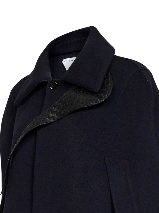 Midnight blue double wool cape with Intrecciato chin strap