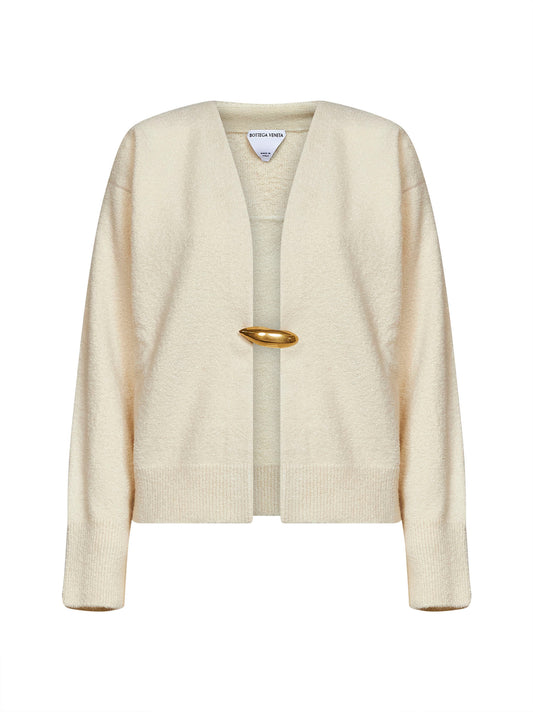 Parchment cashmere and silk blend knit cardigan with brooch