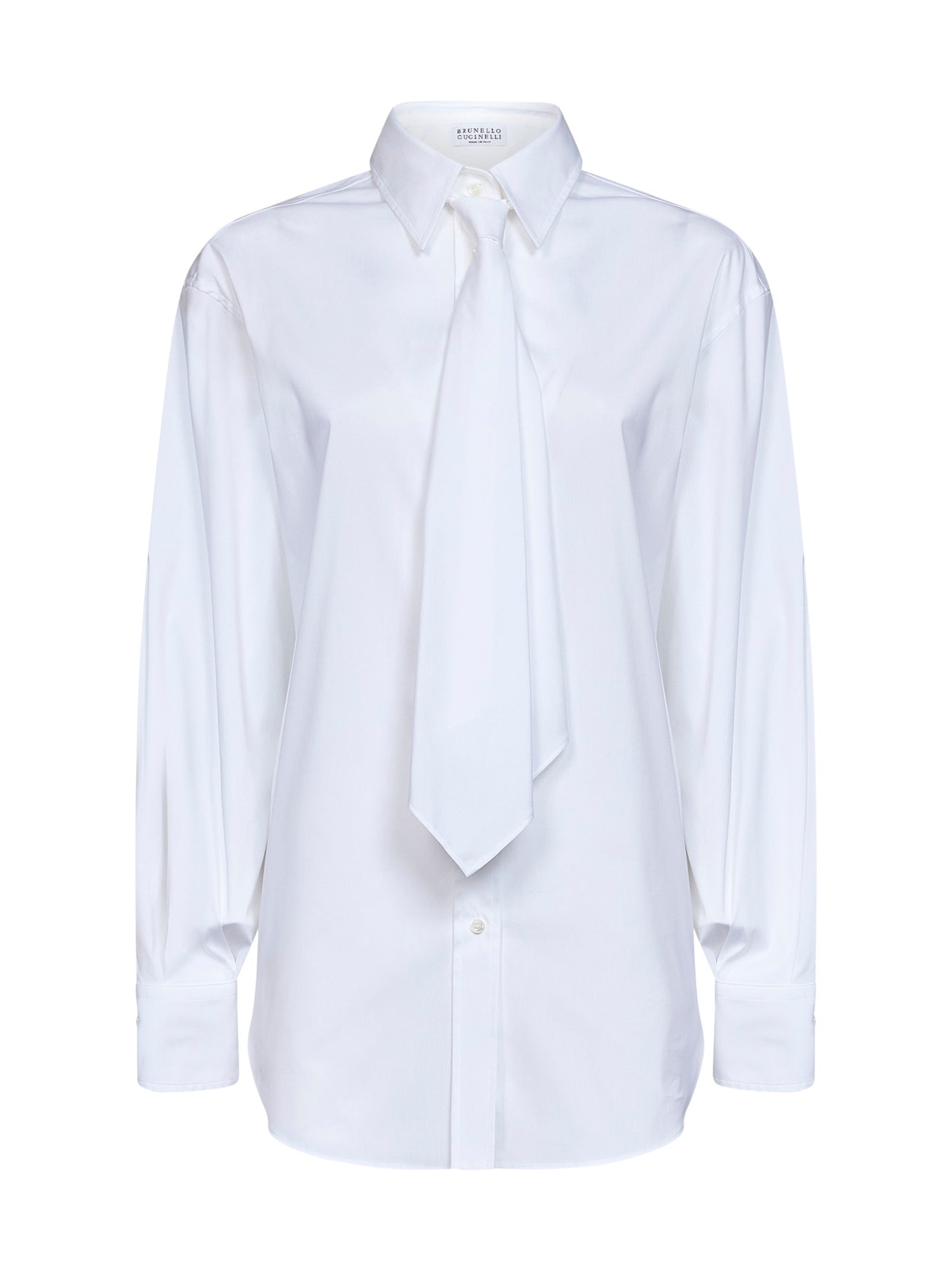 Camicia in popeline stretch bianco con cravatta e monile