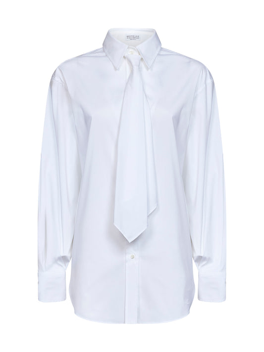 White stretch poplin shirt with tie and monili