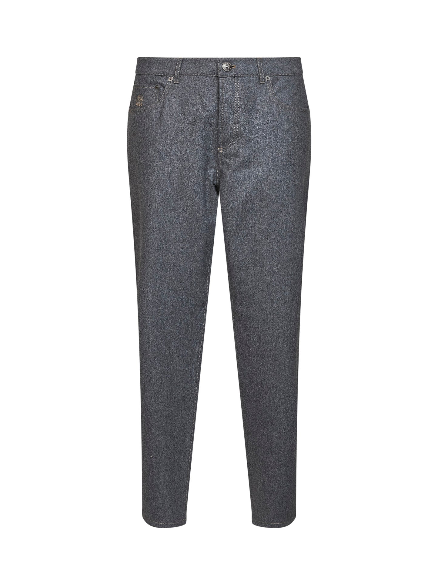 Medium grey virgin wool flannel five-pocket trousers