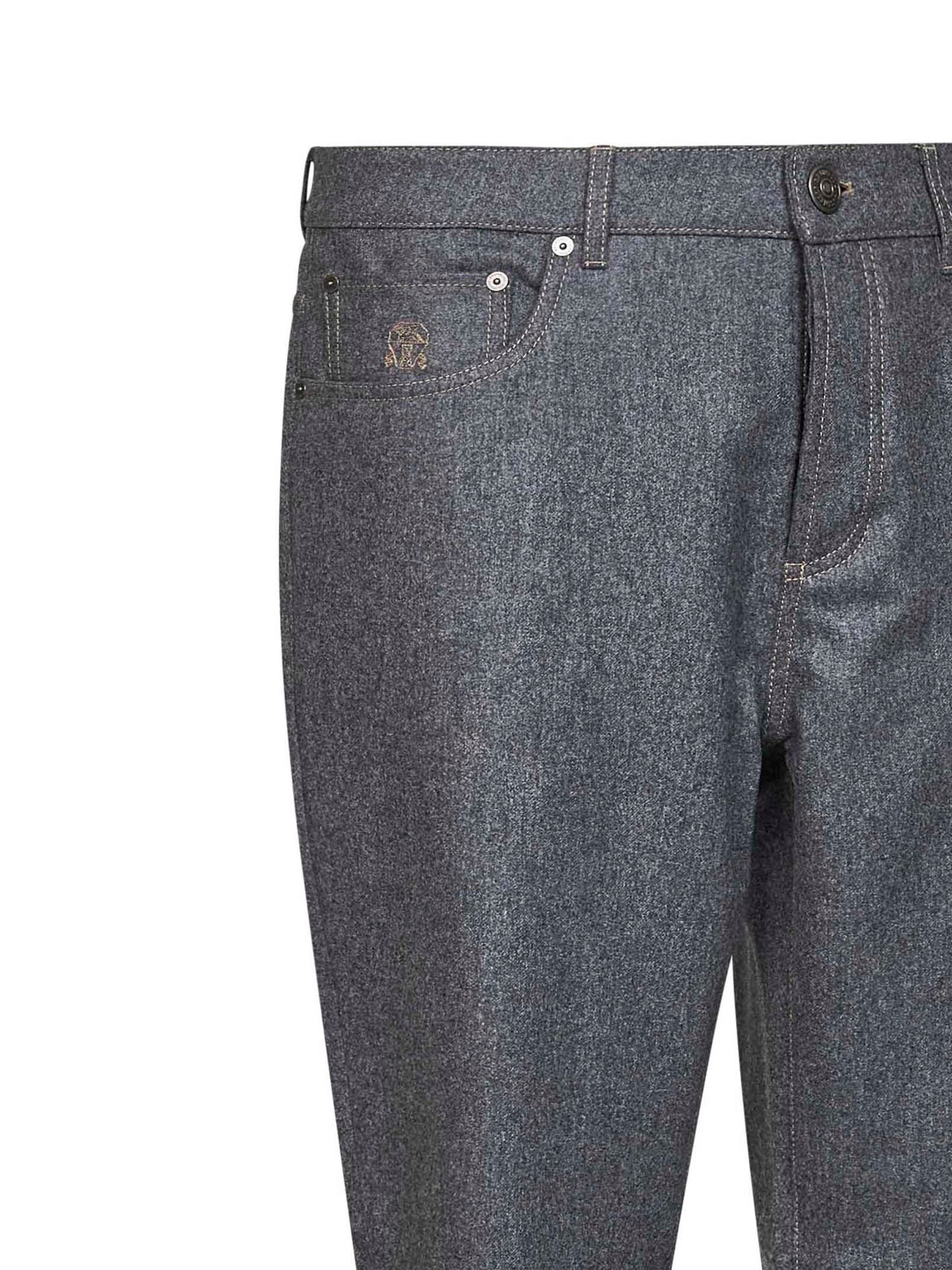 Medium grey virgin wool flannel five-pocket trousers