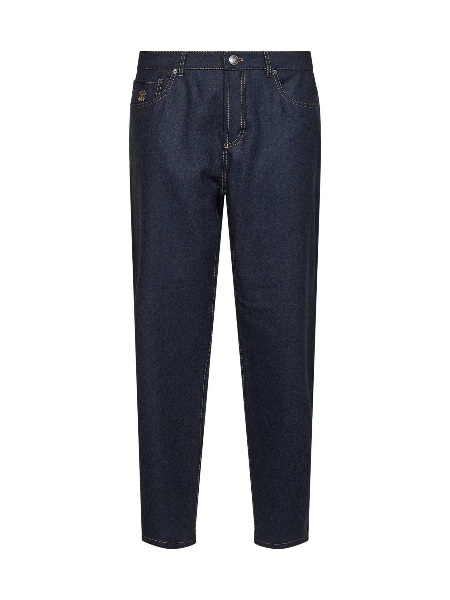 Blue virgin wool flannel five-pocket trousers