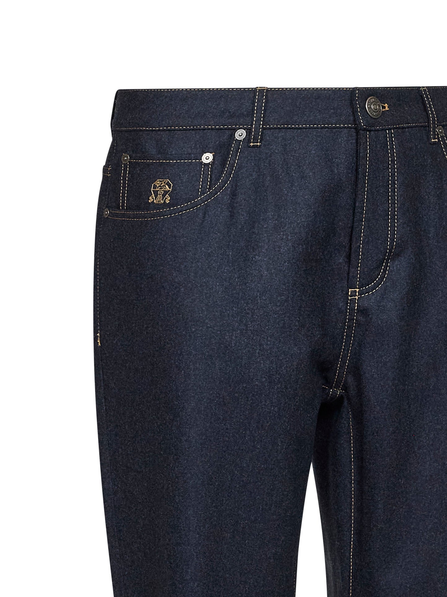 Blue virgin wool flannel five-pocket trousers