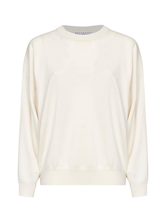 Ivory cashmere knit crewneck sweater with monili