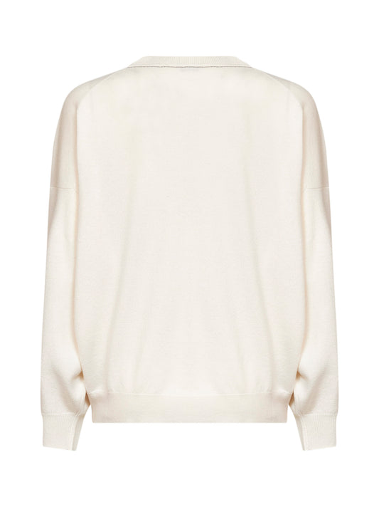 Ivory cashmere knit crewneck sweater with monili