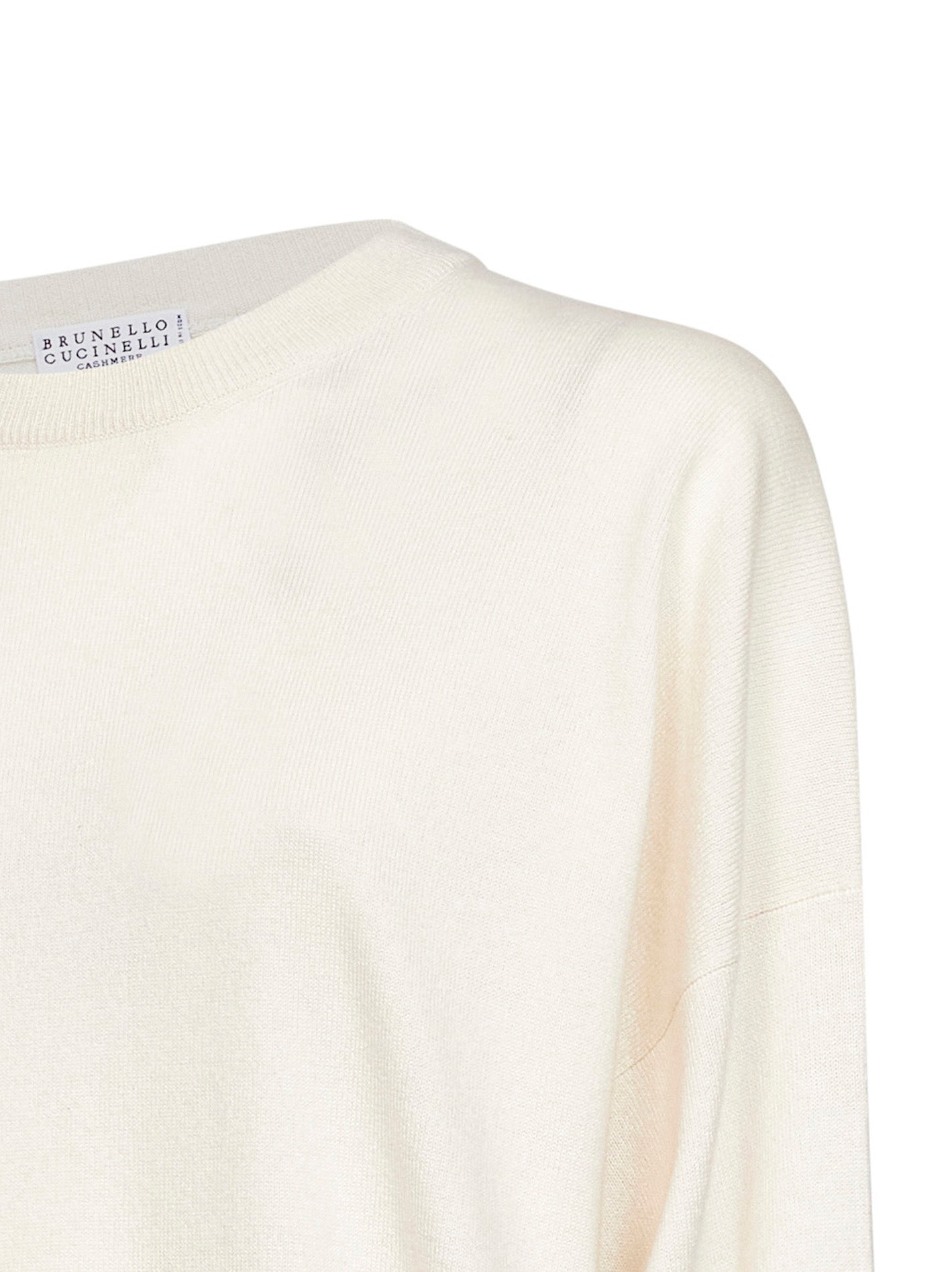 Ivory cashmere knit crewneck sweater with monili