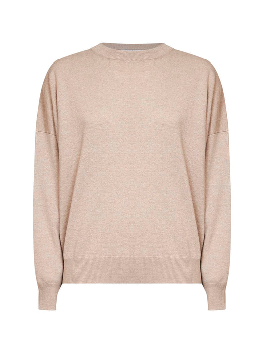 Beige cashmere knit crewneck sweater with monili