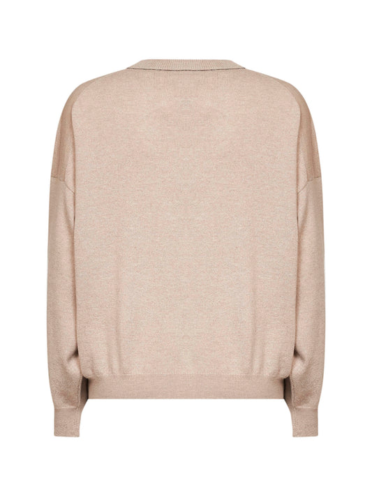 Beige cashmere knit crewneck sweater with monili