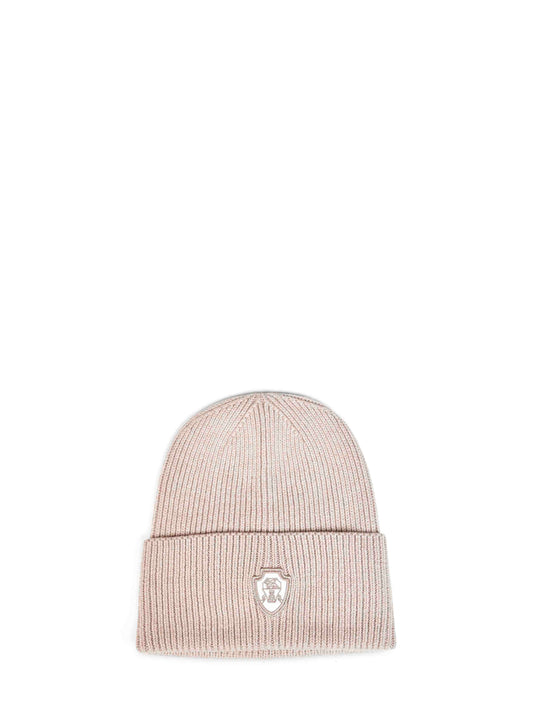 Beige cashmere knit beanie with logo patch