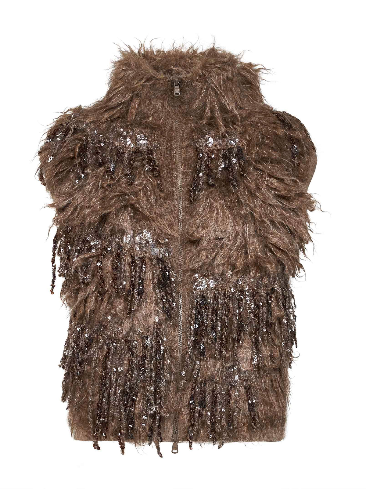 Dark beige sequin-embellished long-hair knit vest