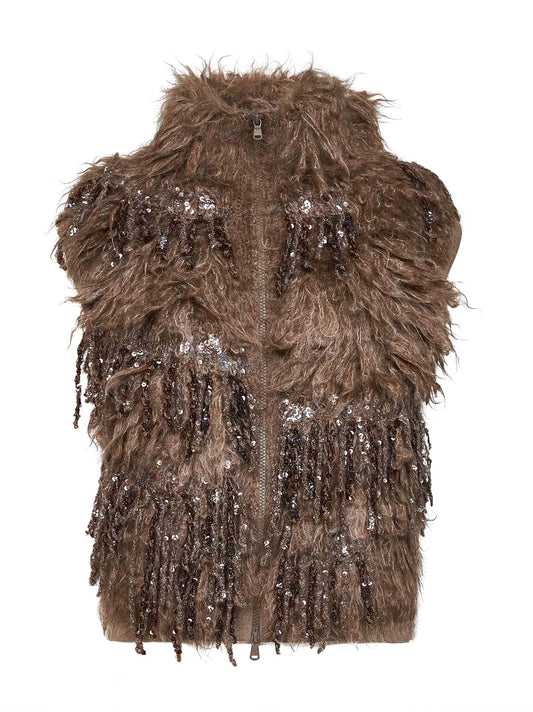 Gilet in maglia a pelo lungo con paillettes beige scuro