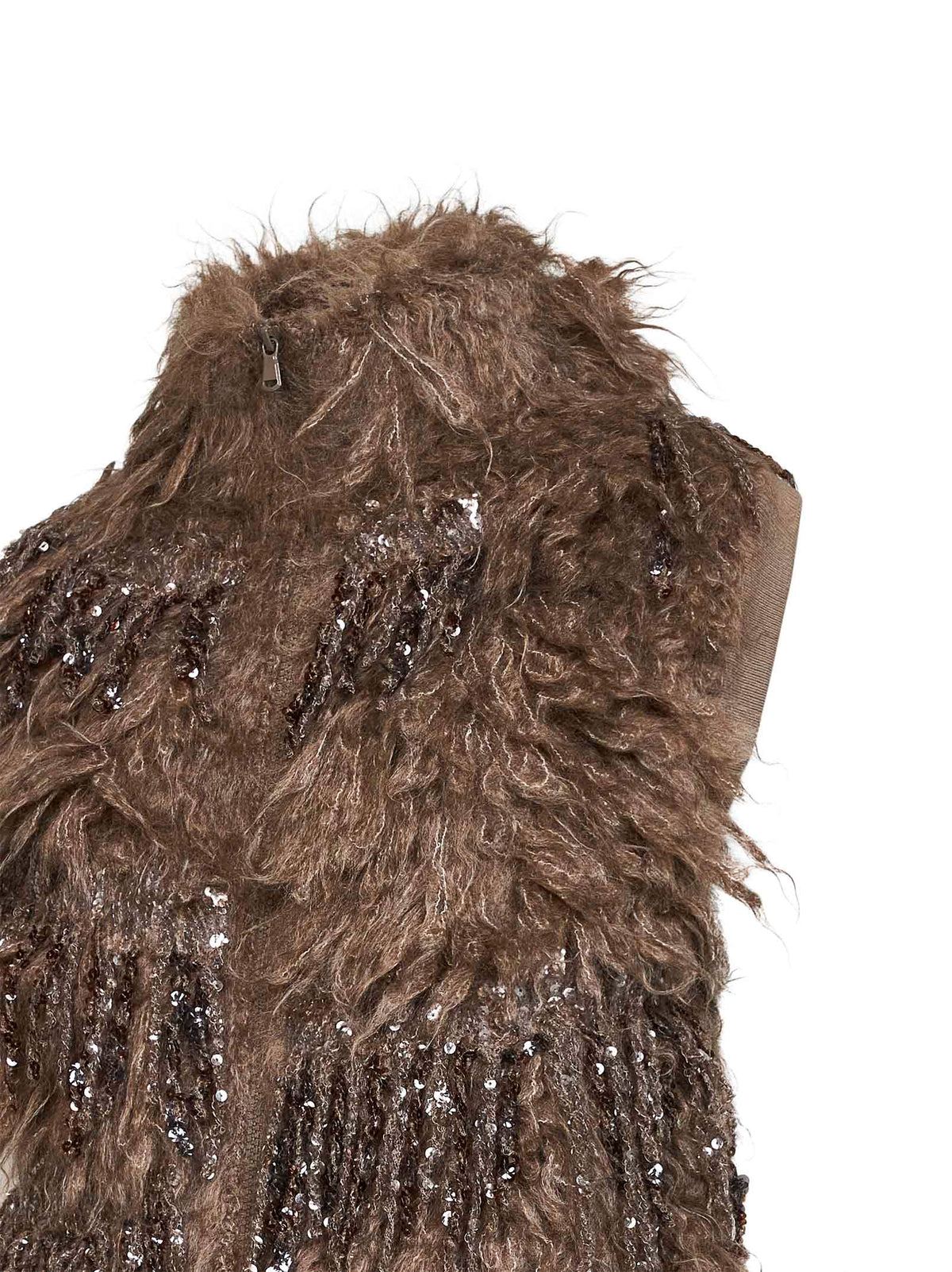 Dark beige sequin-embellished long-hair knit vest