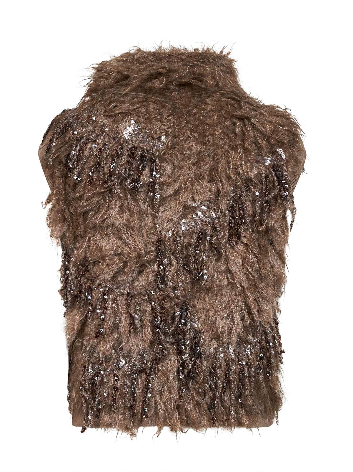Dark beige sequin-embellished long-hair knit vest