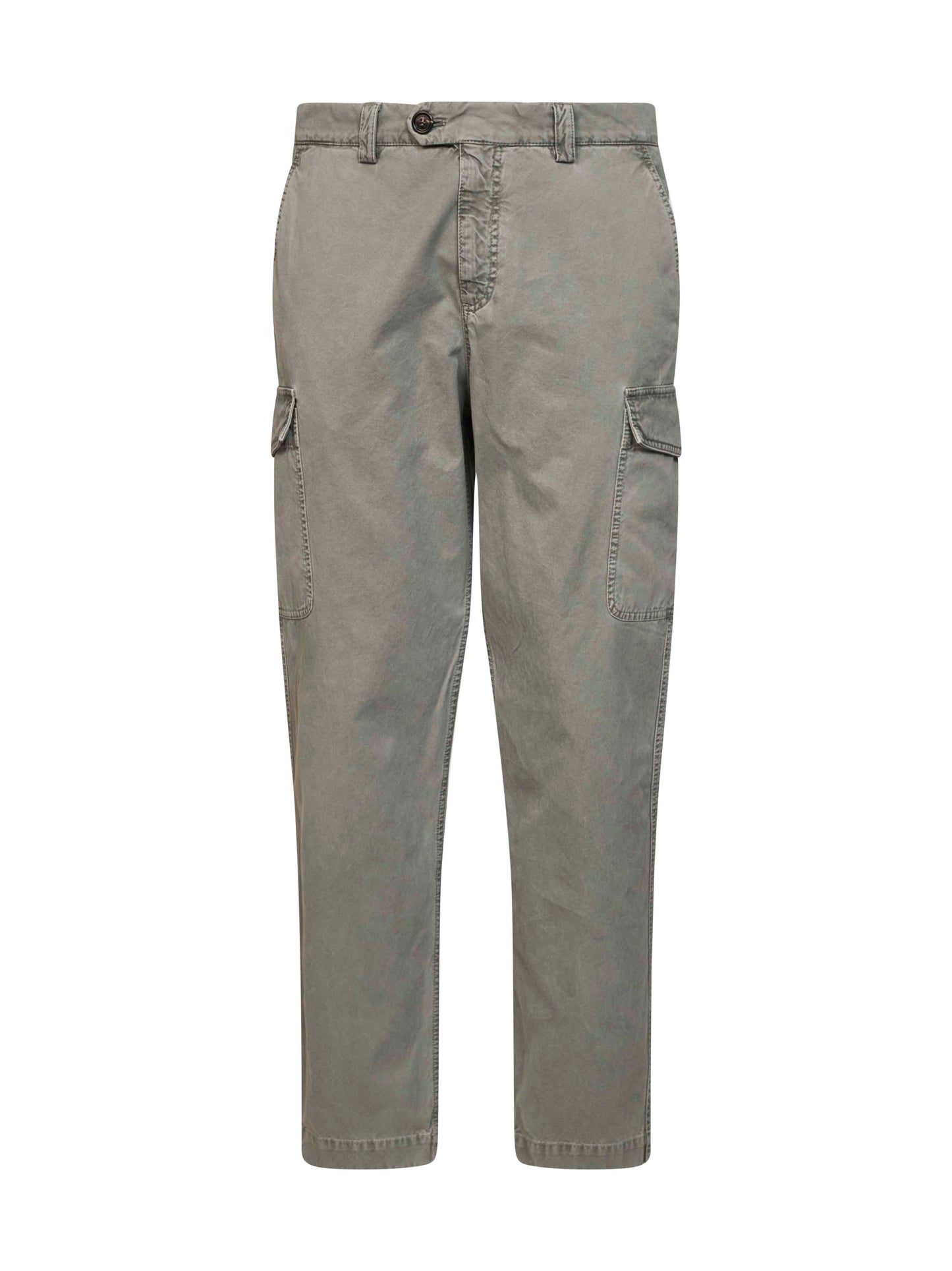 Washed green peached cotton gabardine cargo trousers