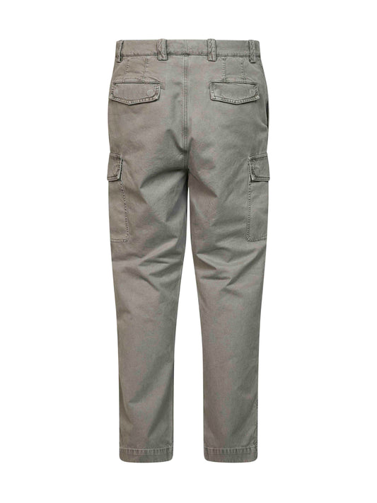 Washed green peached cotton gabardine cargo trousers