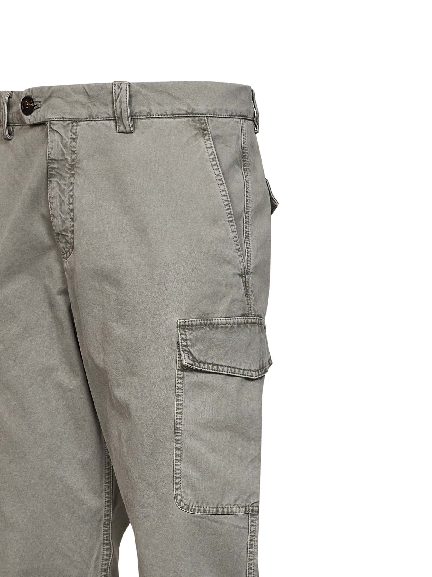Washed green peached cotton gabardine cargo trousers