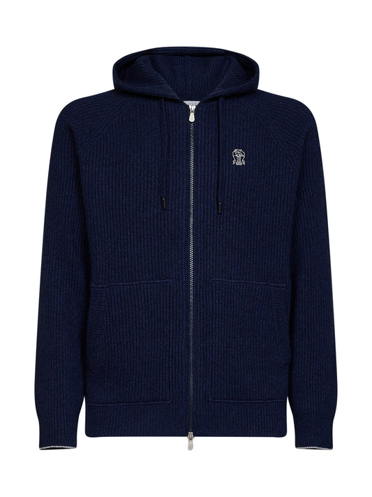 Navy blue cashmere knit zip-up hoodie