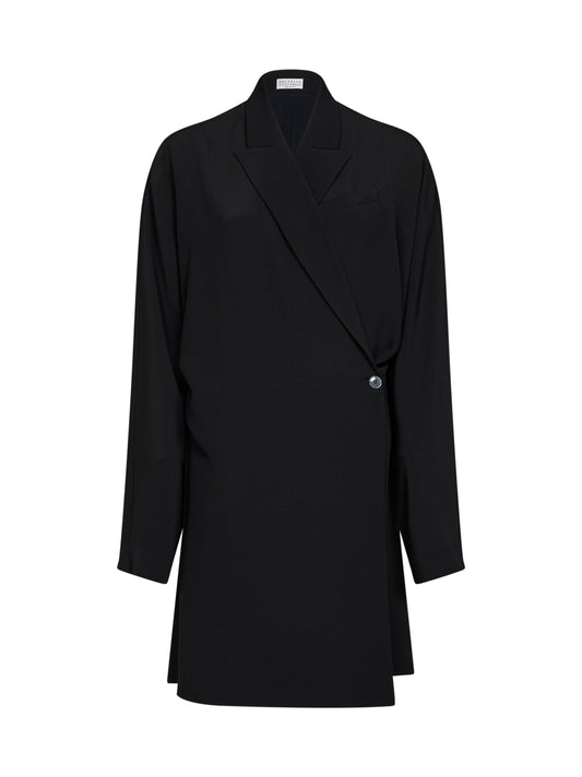 Black crêpe cady Tuxedo dress with monili