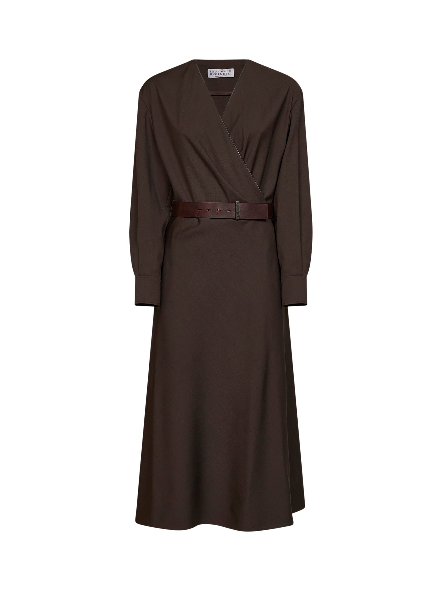 Abito midi con cintura in tela stretch cioccolato scuro
