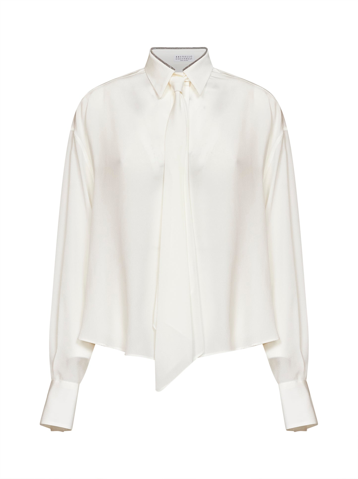 Camicia in crêpe de Chine naturale con cravatta e Shiny Collar