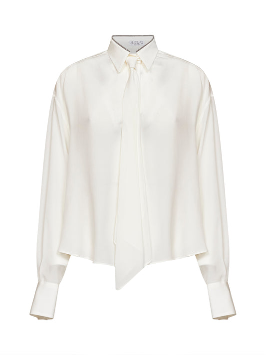 Camicia in crêpe de Chine naturale con cravatta e Shiny Collar