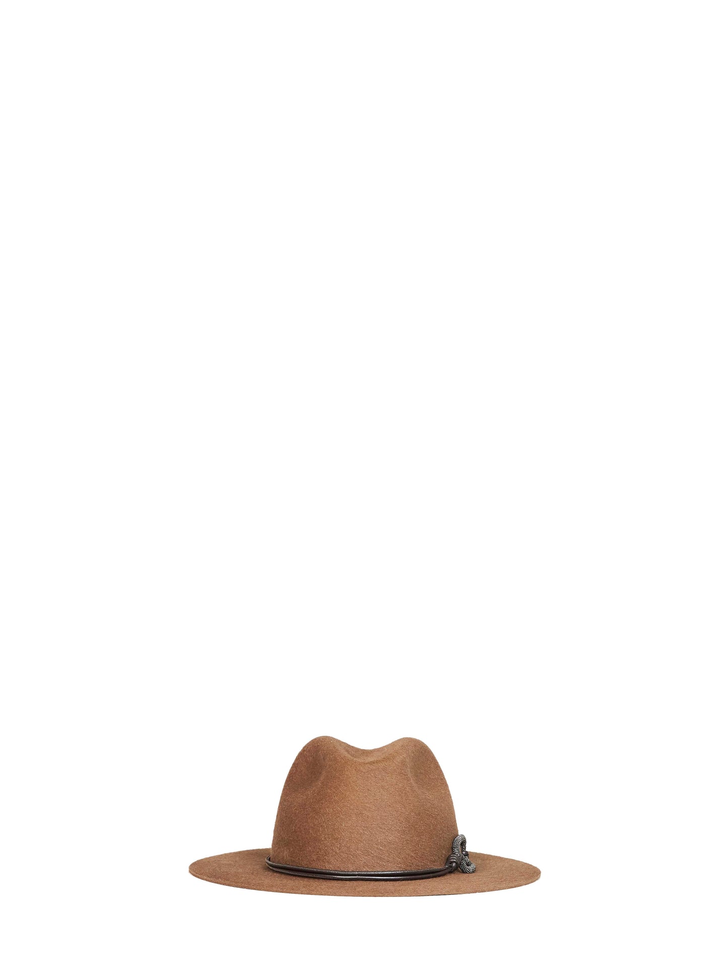 Mocha felt fedora hat with leather band and monili