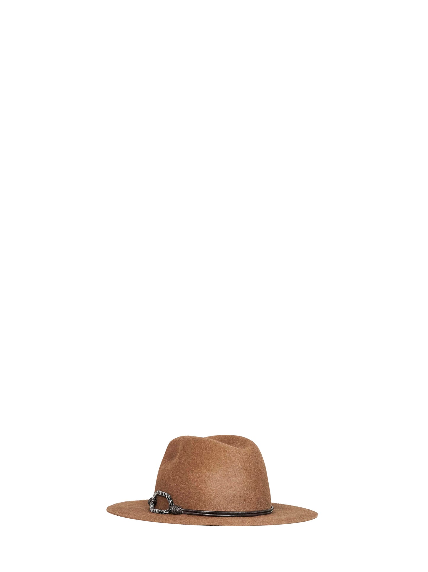 Mocha felt fedora hat with leather band and monili
