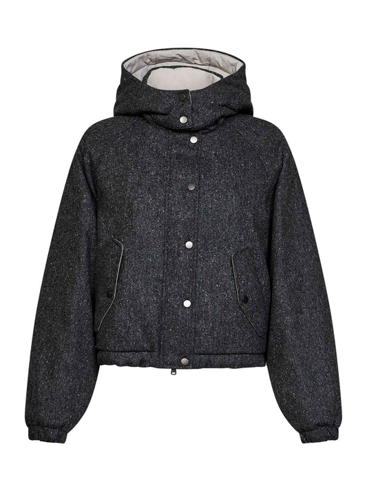 Piumino con cappuccio in donegal nero con Shiny Zipper Pull