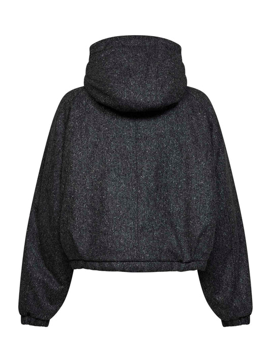 Piumino con cappuccio in donegal nero con Shiny Zipper Pull