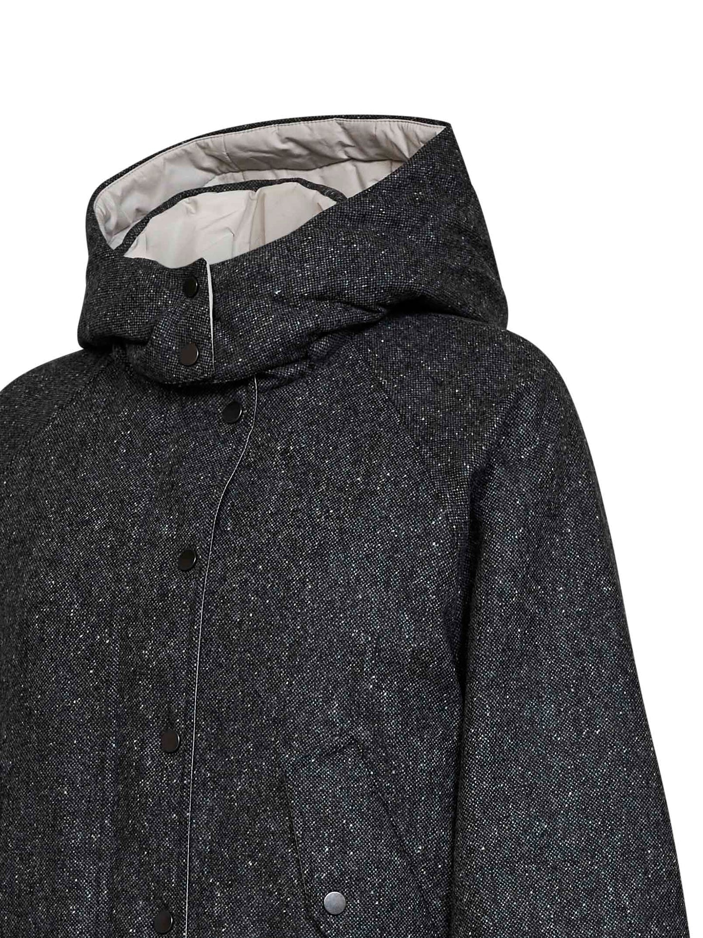 Black Donegal hooded down jacket with Shiny Zipper Pull