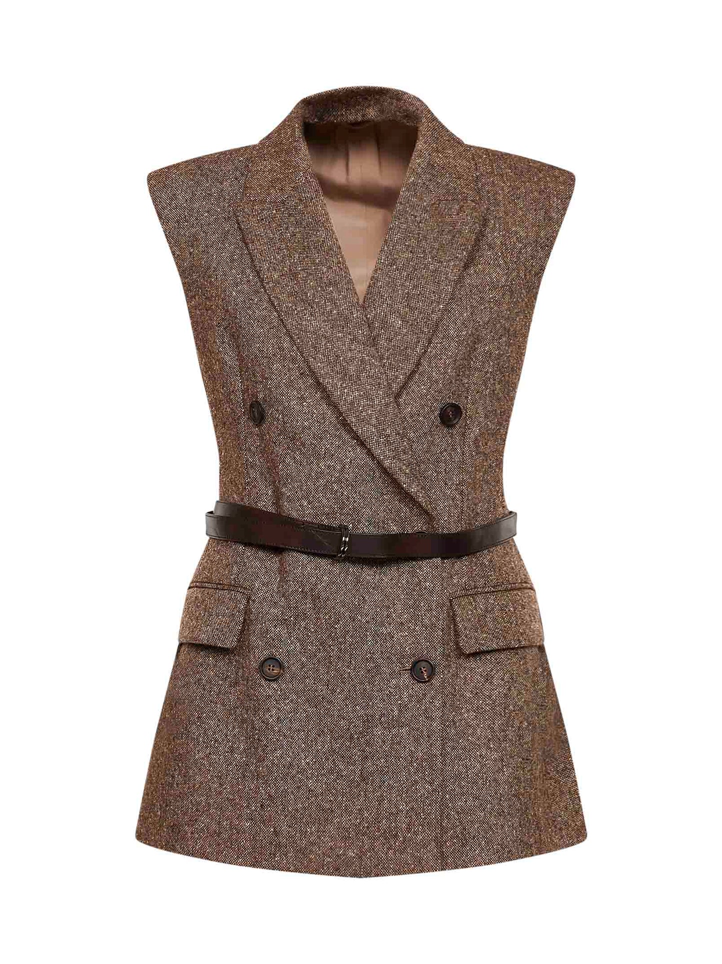 Gilet doppiopetto in lana con cintura in marrone