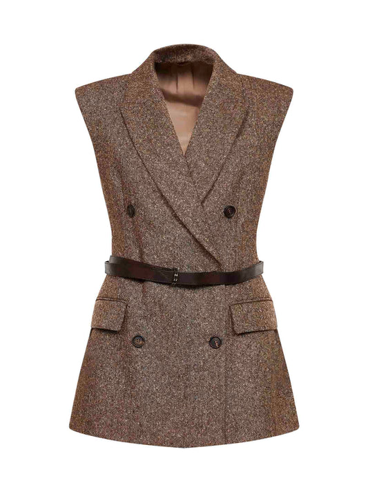 Gilet doppiopetto in lana con cintura in marrone