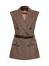 Gilet doppiopetto in lana con cintura in marrone