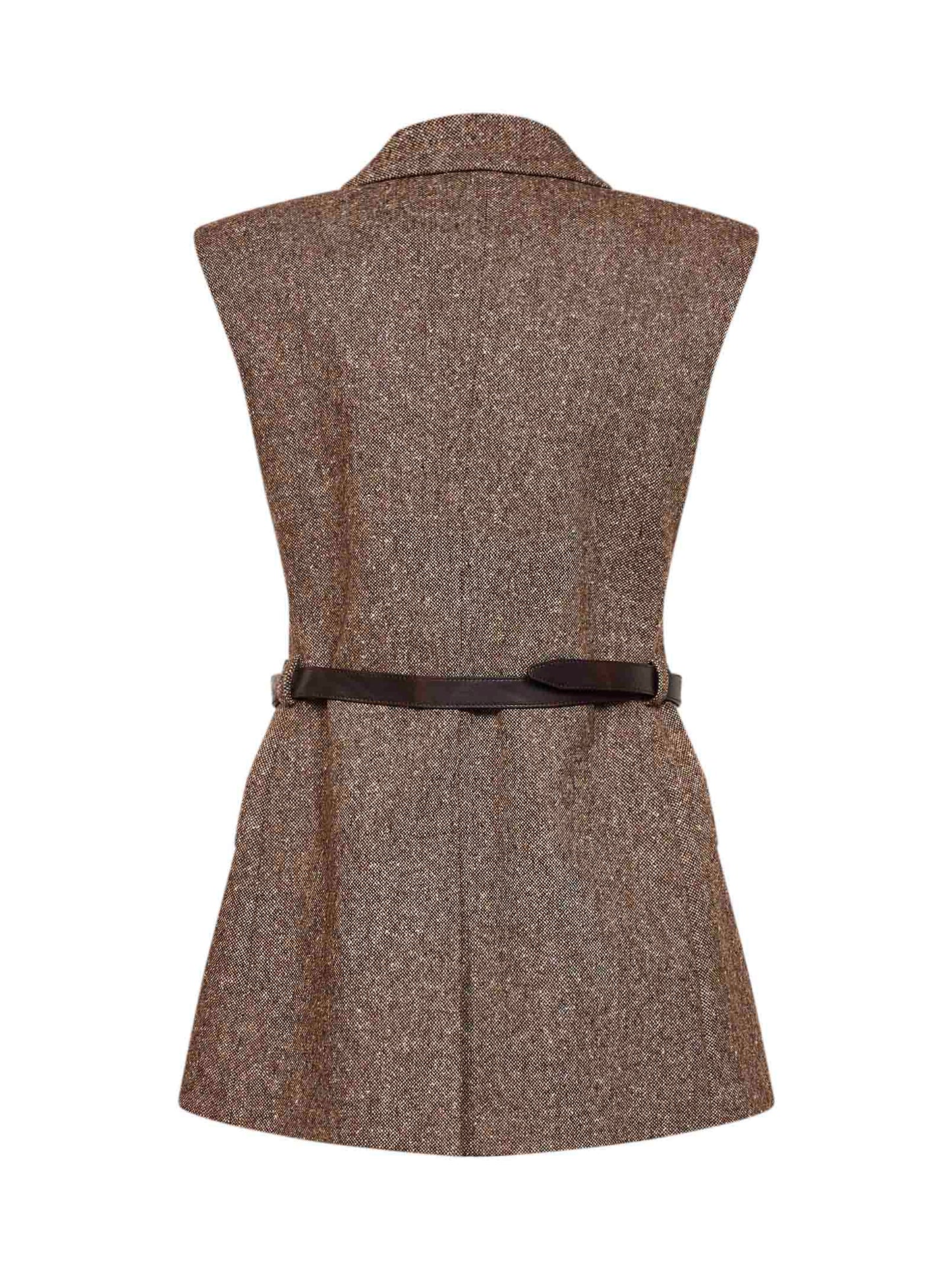 Gilet doppiopetto in lana con cintura in marrone
