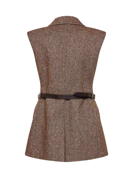 Gilet doppiopetto in lana con cintura in marrone