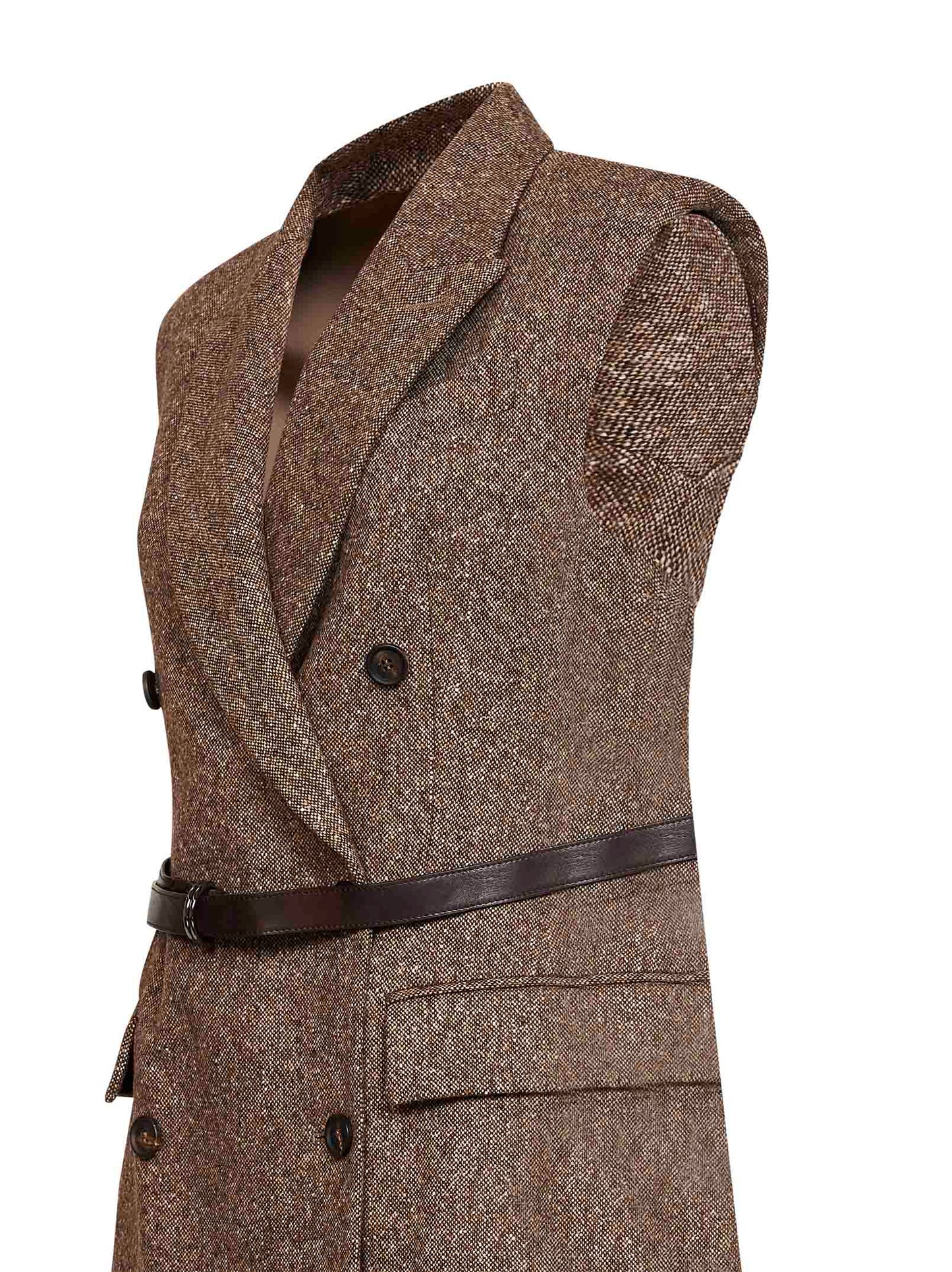 Gilet doppiopetto in lana con cintura in marrone