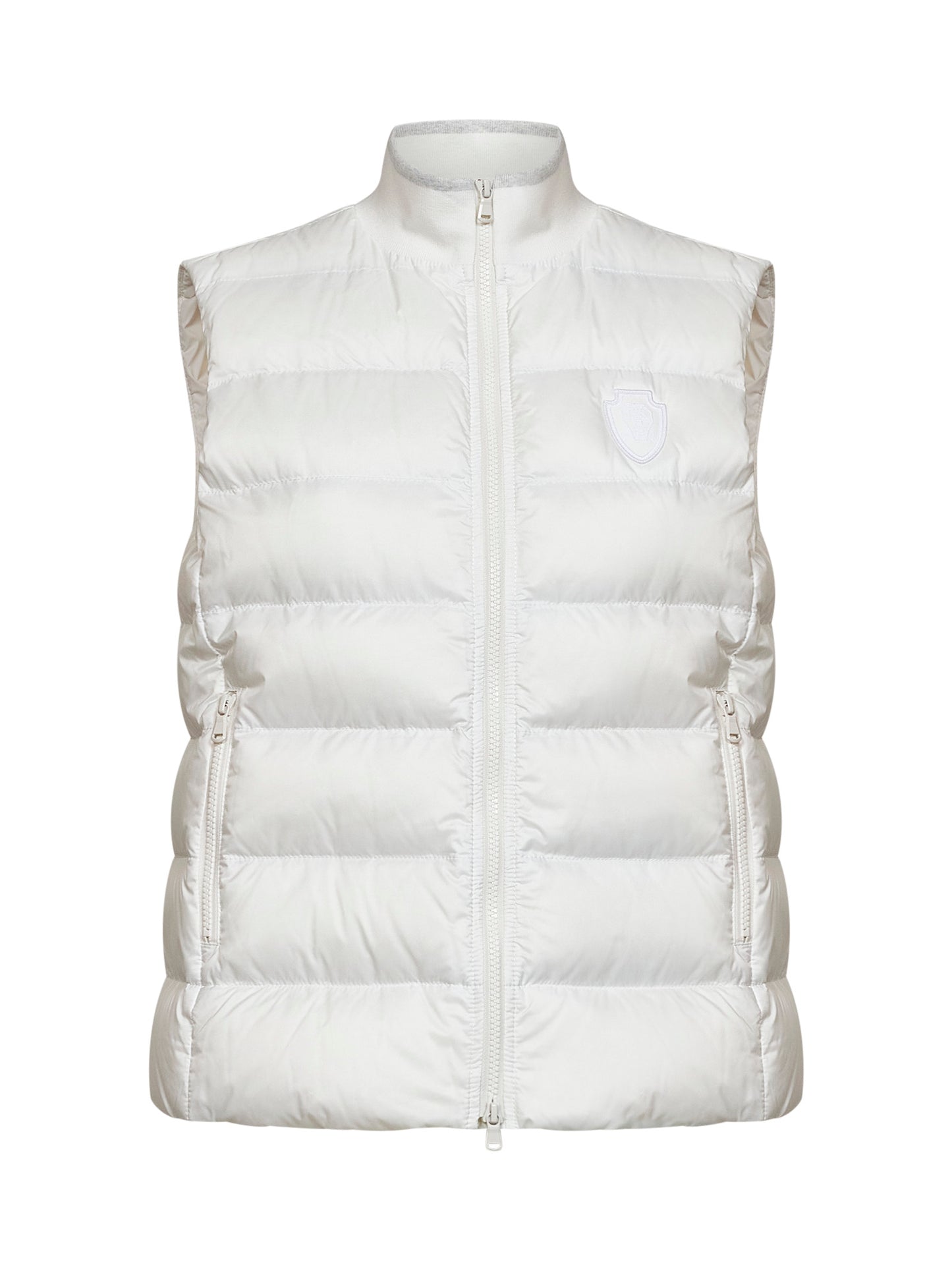 Gilet imbottito in nylon gesso con patch logo