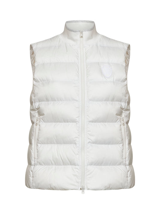 Gilet imbottito in nylon gesso con patch logo