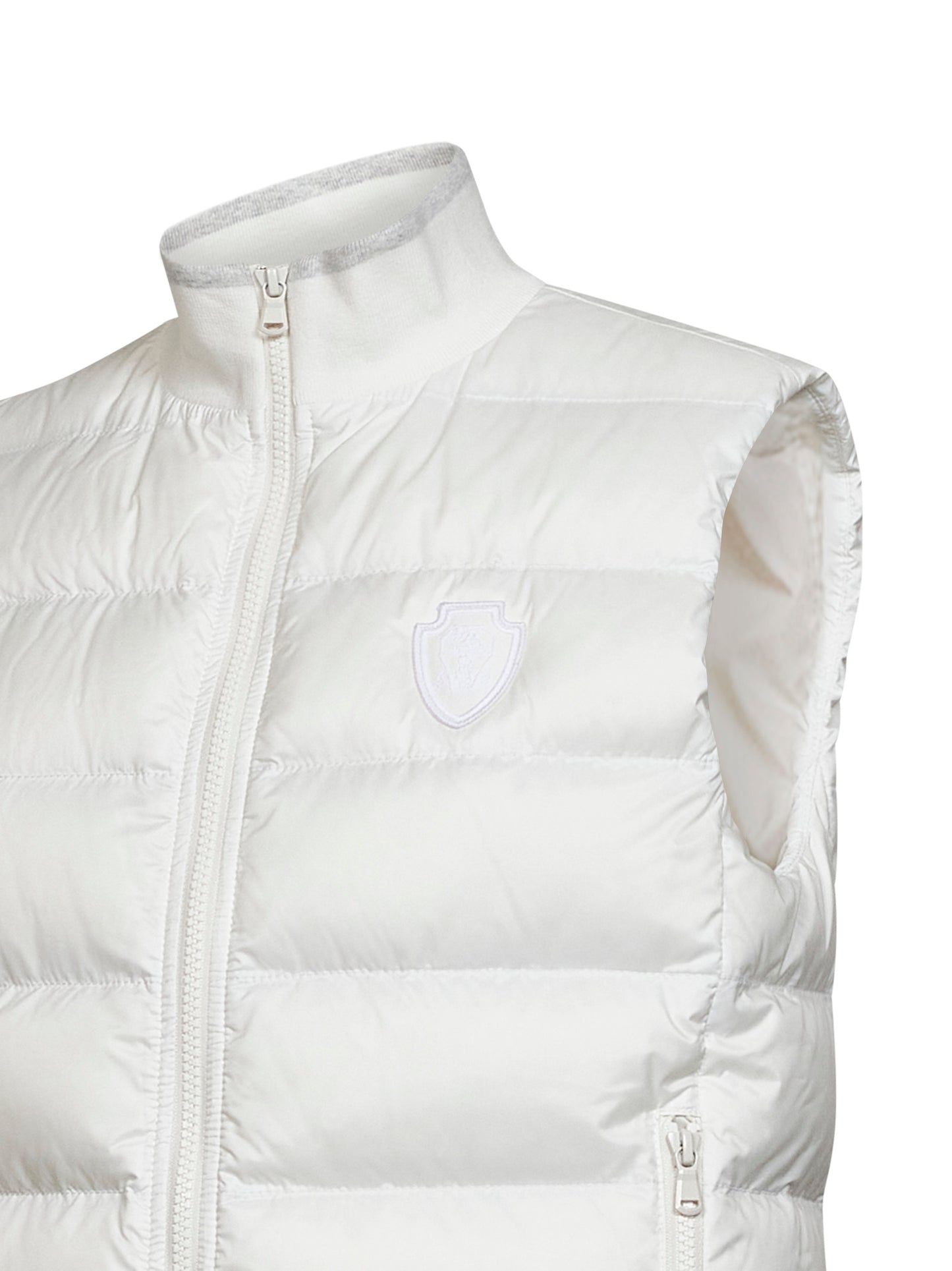 Gilet imbottito in nylon gesso con patch logo