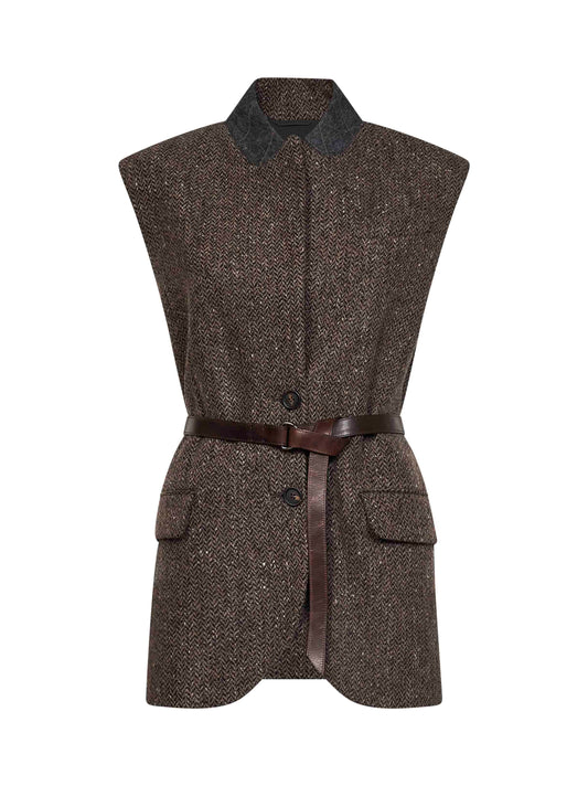 Dark brown Sparkling chevron belted vest with monili