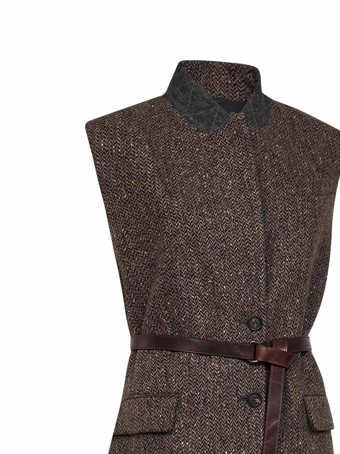 Gilet in chevron Sparkling marrone scuro con cintura e monile