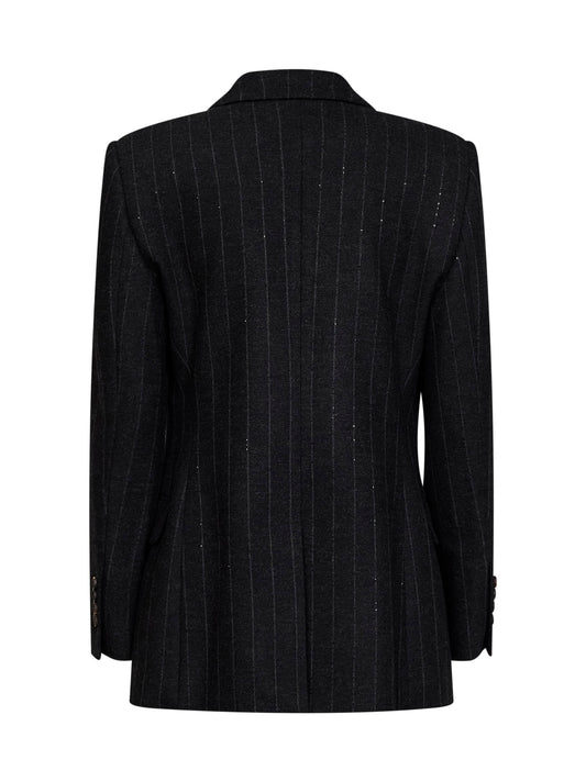 Giacca con cravatta in misto lana gessata con paillettes antracite