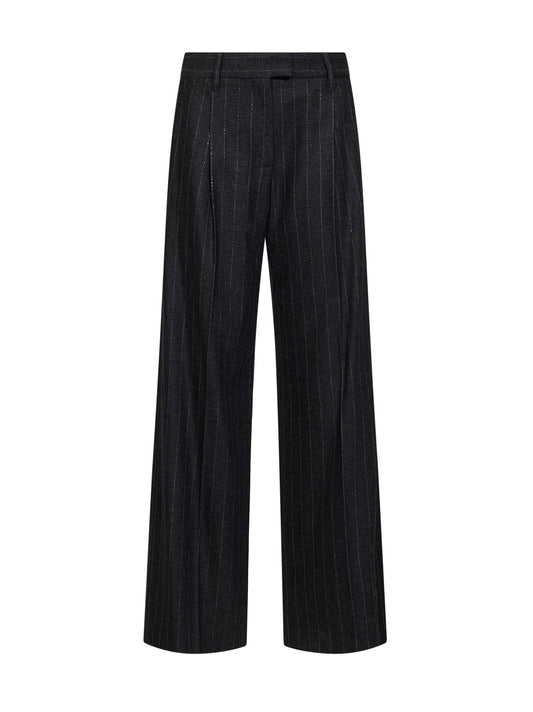 Anthracite sequin pinstriped wool blend Loose Pleated trousers
