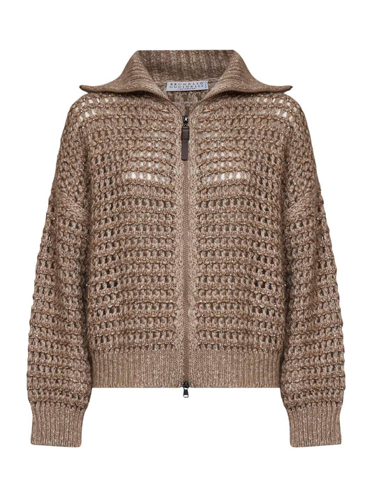 Cardigan Dazzling in lana Soft e cashmere a rete beige