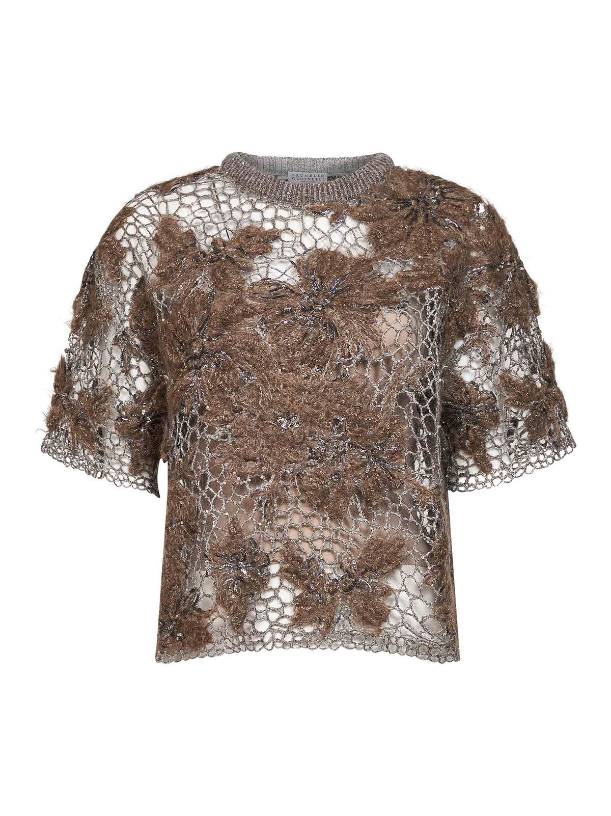 T-shirt Whispering Bloom Embroidery in maglia marrone scuro