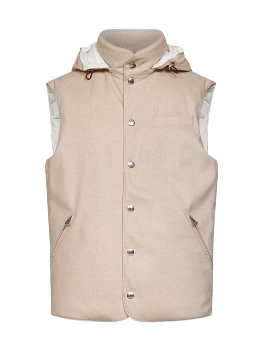 Gilet imbottito con cappuccio in lana sabbia
