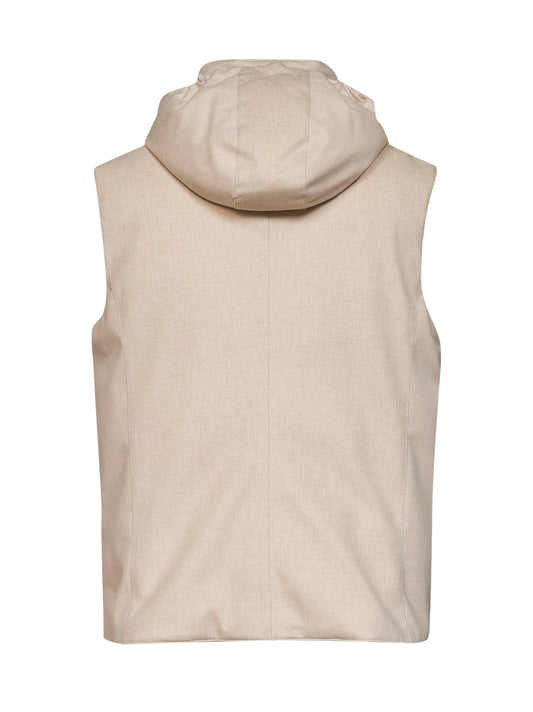 Gilet imbottito con cappuccio in lana sabbia