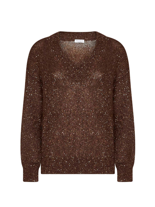 Dark chocolate Dazzling half-Engligh rib sticth cotton knit sweater