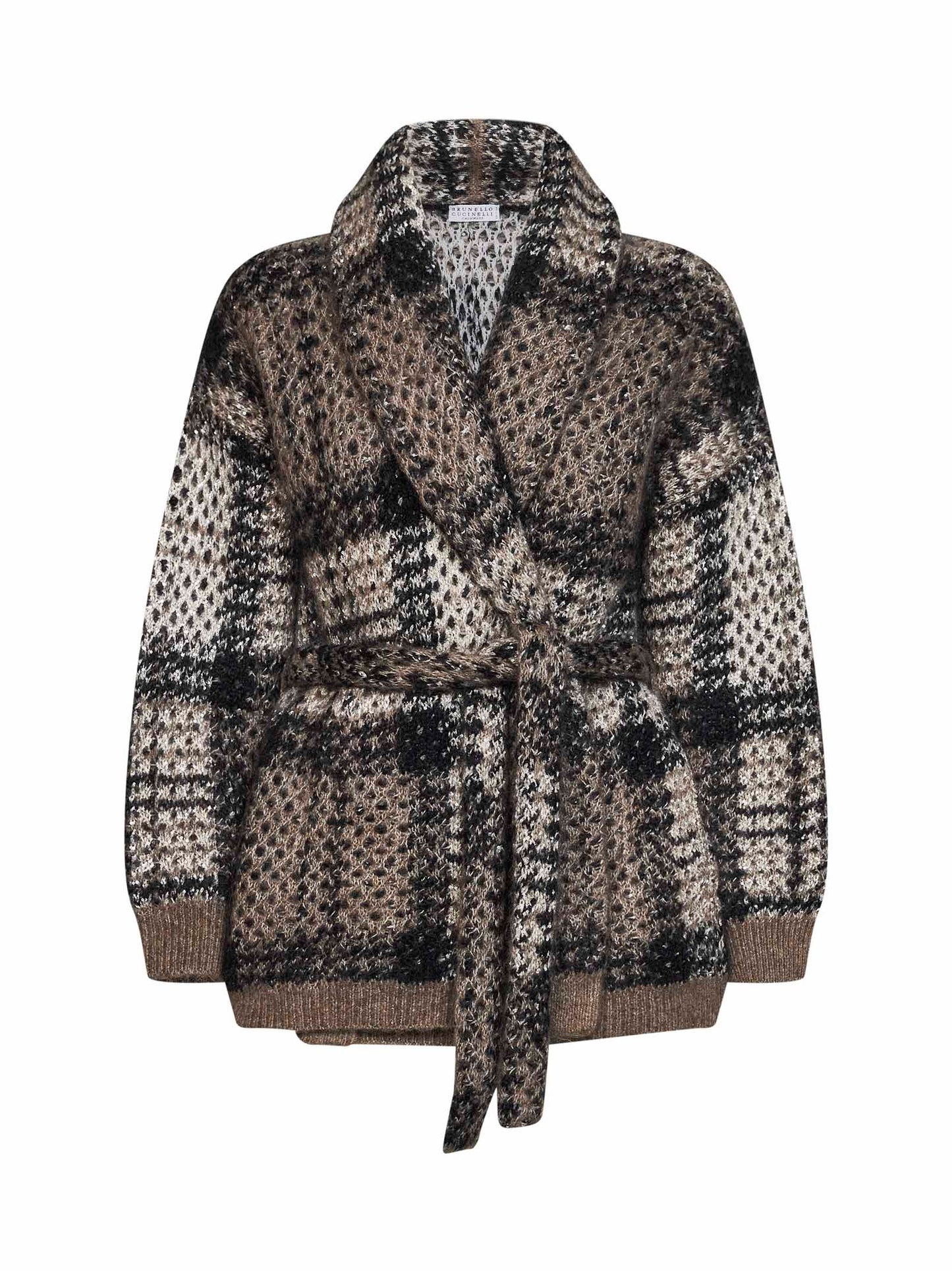 Cardigan con cintura Dazzling Tartan in maglia double avorio e nero